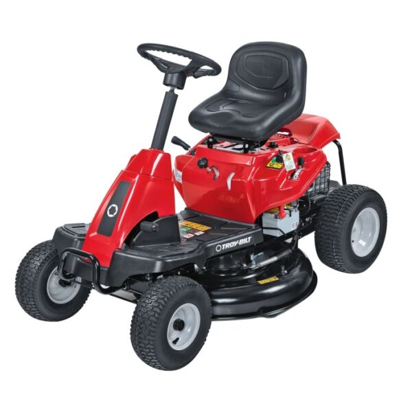 Tosaerba rider Troy-Bilt Mini-Rider 76T-S rosso con scarico laterale.