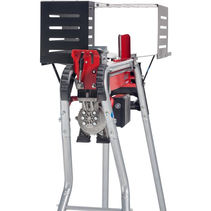 Spaccalegna elettrico Al-Ko LSH 520/5, spaccalegna orizzontale con cuneo di spacco rosso e gambe grigie.