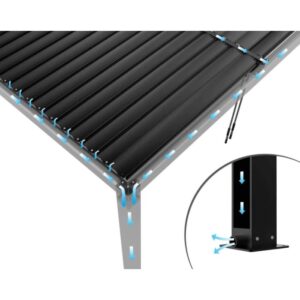 Dettaglio del sistema di drenaggio dell'acqua di un gazebo nero.