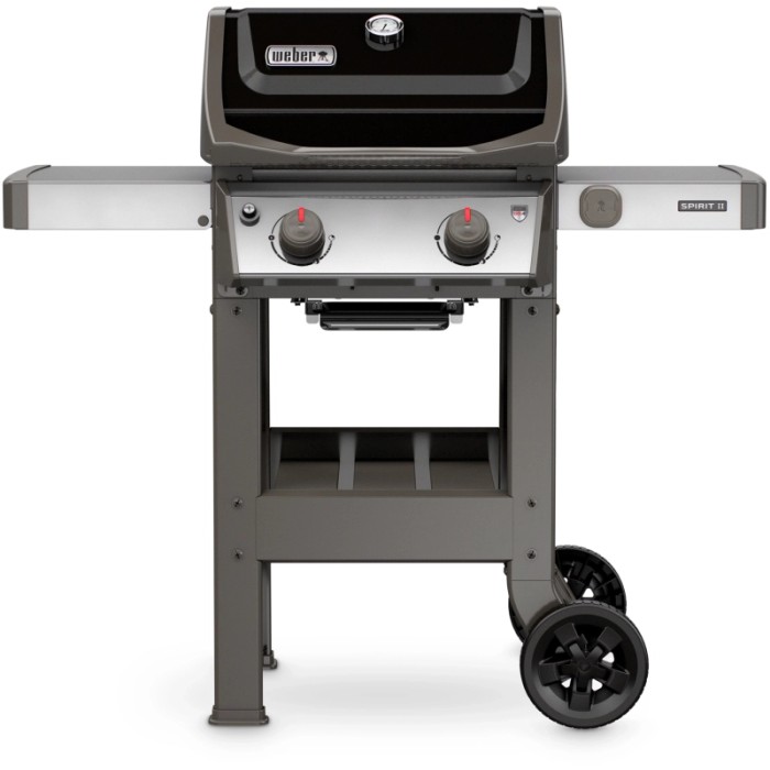 Barbecue a gas Weber Spirit II con due bruciatori e tavolini laterali.