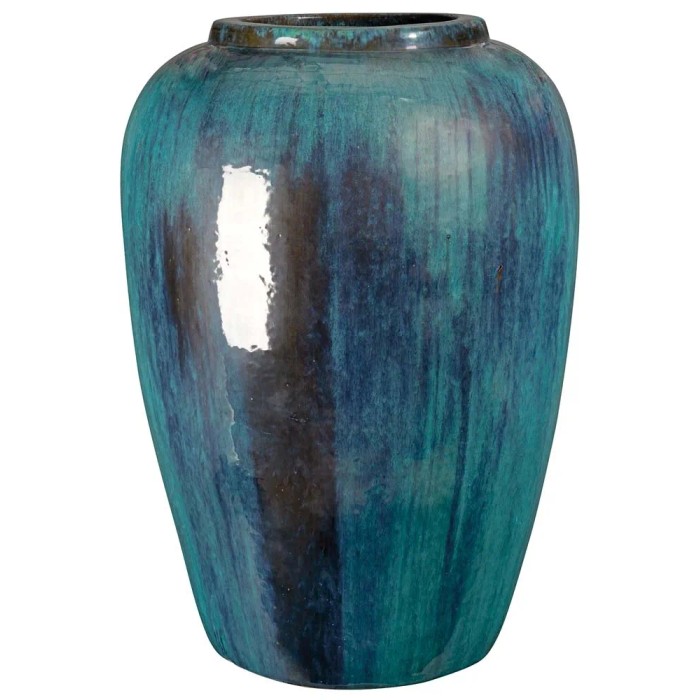 Vaso per piante smaltato blu-verde per uso interno ed esterno.