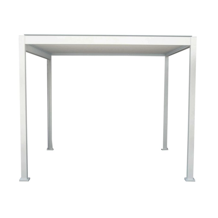 Gazebo bianco con tetto dritto e quattro pali.