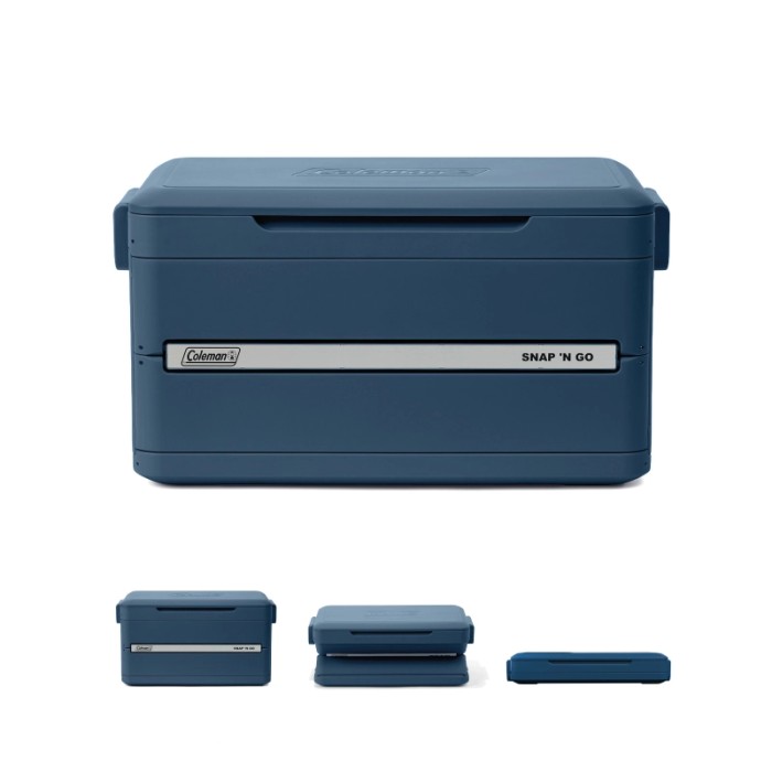 Frigorifero portatile pieghevole Coleman Snap'N Go blu 33l, aperto e ripiegato per campeggio.