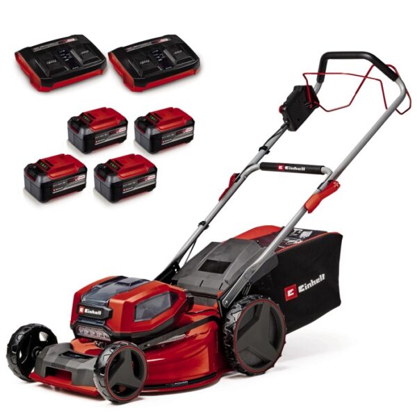 Tagliaerba a batteria Einhell GP-CM 36/52 S Li-BL con batterie e caricabatterie.