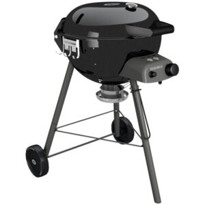 Barbecue a gas nero t.b.t. con ruote e area di stoccaggio.