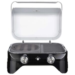 Barbecue a gas t.b.t. nero compatto con coperchio aperto e due manopole di controllo.