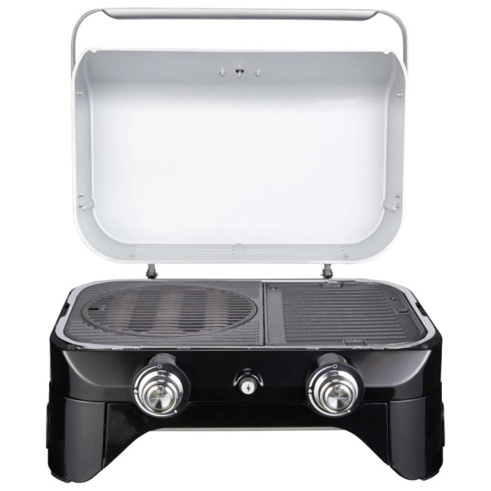 Barbecue a gas t.b.t. nero compatto con coperchio aperto e due manopole di controllo.