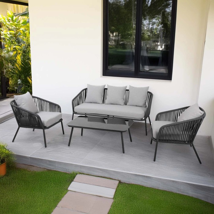 Set di mobili da giardino t.b.t. grigio con divano, poltrone e tavolo per patio o giardino.