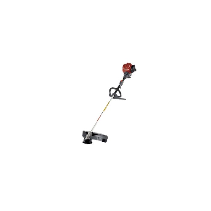 Decespugliatore t.b.t. per lavori di giardinaggio. Tagliabordi con motore rosso e testina di taglio nera.