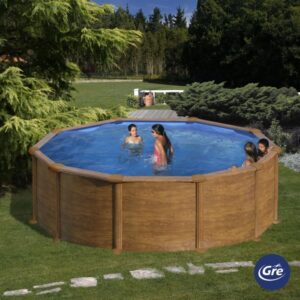 Piscina rotonda Gre Mauritius effetto legno, Ø 350 cm. Piscina fuori terra in giardino con bambini.
