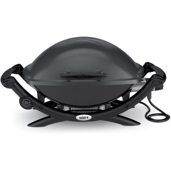 Barbecue elettrico t.b.t. compatto grigio per balcone e giardino.