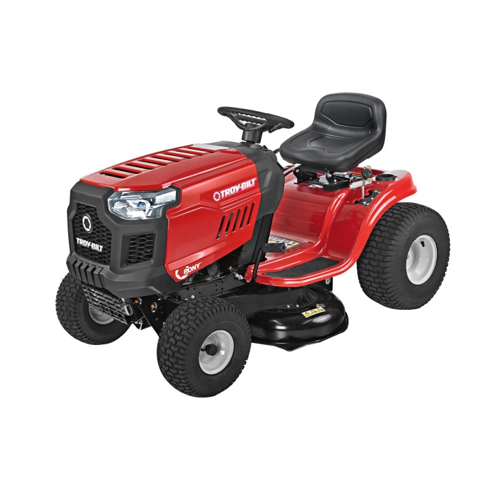 Trattorino tagliaerba Troy-Bilt Pony 92 T-S Select rosso con scarico laterale.
