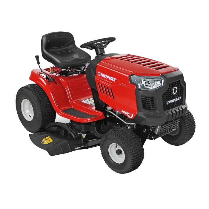Trattorino tagliaerba rosso Troy-Bilt Pony 92 T-S Select con scarico laterale.