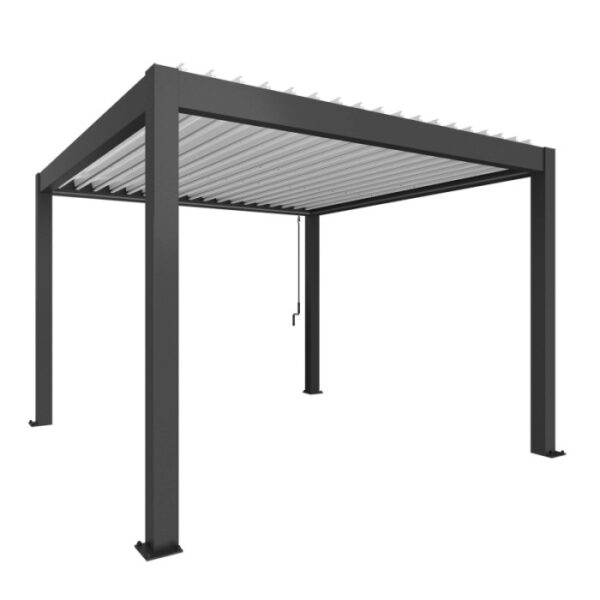 Pergola Biohort 3,5x3,5 m in Grigio Scuro-Bianco, una moderna copertura per patio con lamelle regolabili.