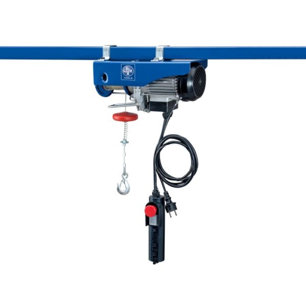 Paranco elettrico LUX SZ-300/600, blu, con gancio di sicurezza per il sollevamento di carichi.
