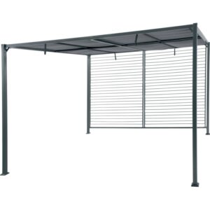 Gazebo t.b.t. grigio con parete a lamelle per il giardino.
