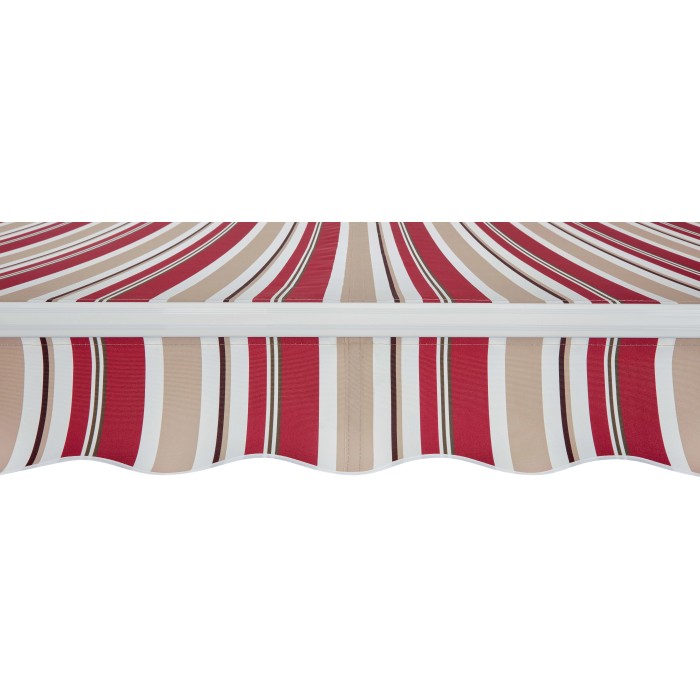 Dettaglio di una tenda da sole t.b.t. a strisce rosse e beige.