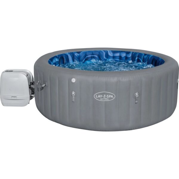 Bestway LAY-Z-SPA Santorini HydroJet Pro, vasca idromassaggio gonfiabile rotonda grigia con interno blu.