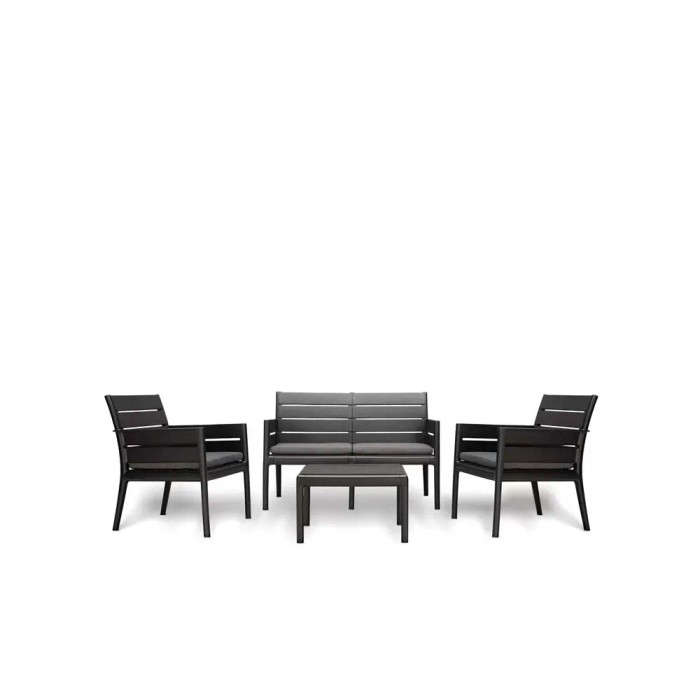 Set di mobili da giardino grigio con divano, due poltrone e tavolo.