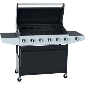 Barbecue a gas t.b.t. con sei bruciatori, ripiani e mobile base.