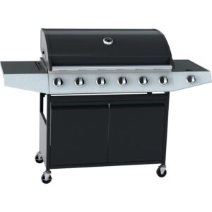 Barbecue a gas nero t.b.t. con sei bruciatori e mobiletto.