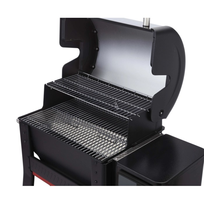 Weber Searwood barbecue a pellet nero con coperchio aperto e griglie.
