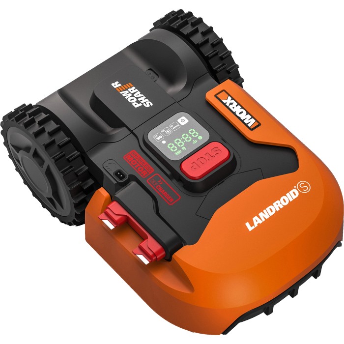 Robot rasaerba Worx Landroid S300, arancione e nero, con display e batteria PowerShare.