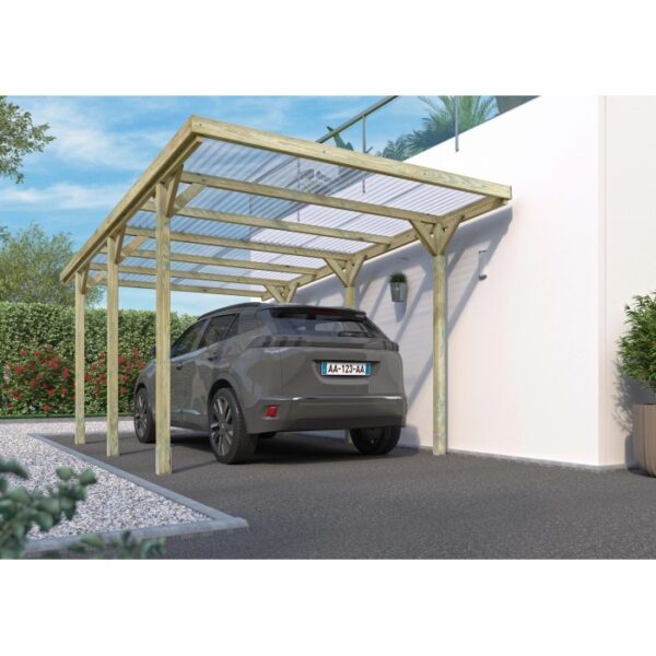 Tettoia per auto in legno t.b.t. con auto. Ideale come riparo e protezione dalle intemperie.