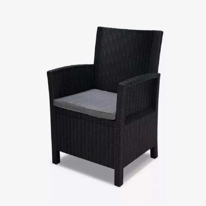Poltrona da giardino t.b.t. nera con cuscino grigio.
