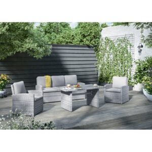 Set di mobili da giardino grigio con divano, tavolo e due poltrone.