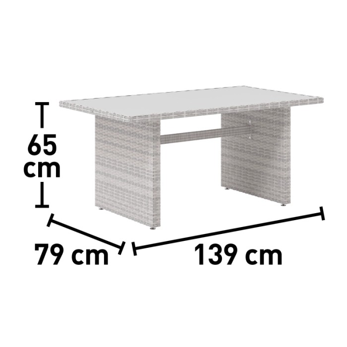 Dimensioni del tavolo da giardino t.b.t.: 65x79x139 cm.