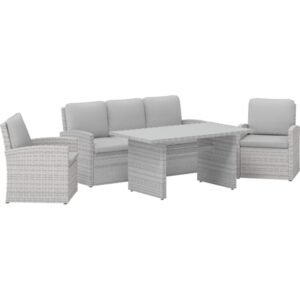 Set di mobili da giardino grigio con divano, tavolo e due poltrone.