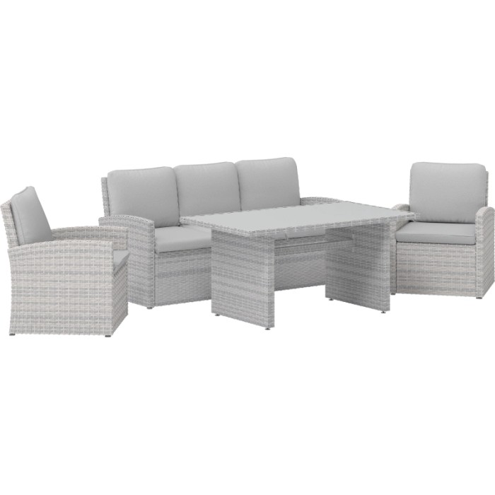 Set di mobili da giardino grigio con divano, tavolo e due poltrone.
