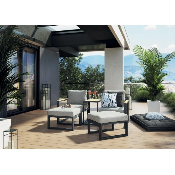 Set lounge Carleton a 5 pezzi antracite con struttura in alluminio, composto da poltrone, sgabelli e tavolino.