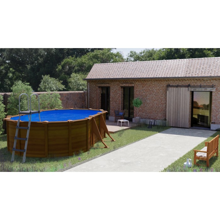 Piscina ovale Gre Pool Sicilia effetto legno, 500x300x120 cm, con scaletta in giardino.