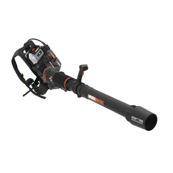 Soffiatore a batteria Worx Nitro con telaio di supporto per uso in giardino.