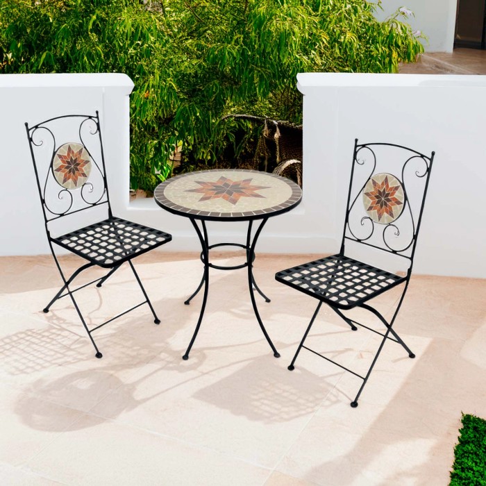 Set da balcone Honobia 3 pezzi con motivo a mosaico, composto da tavolo e due sedie.