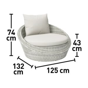 Poltrona rotonda in rattan con cuscino, parte della categoria Divani e poltrone da esterno, con dimensioni.