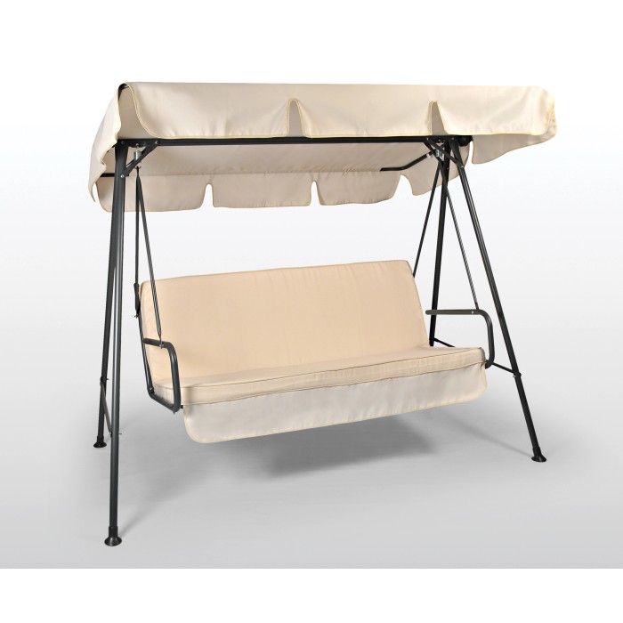 Altalena da giardino beige Dondoli t.b.t. con tettuccio parasole e cuscini per il massimo relax all'aperto.