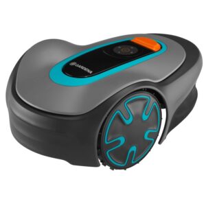 Robot tagliaerba grigio con dettagli turchesi e scocca nera.