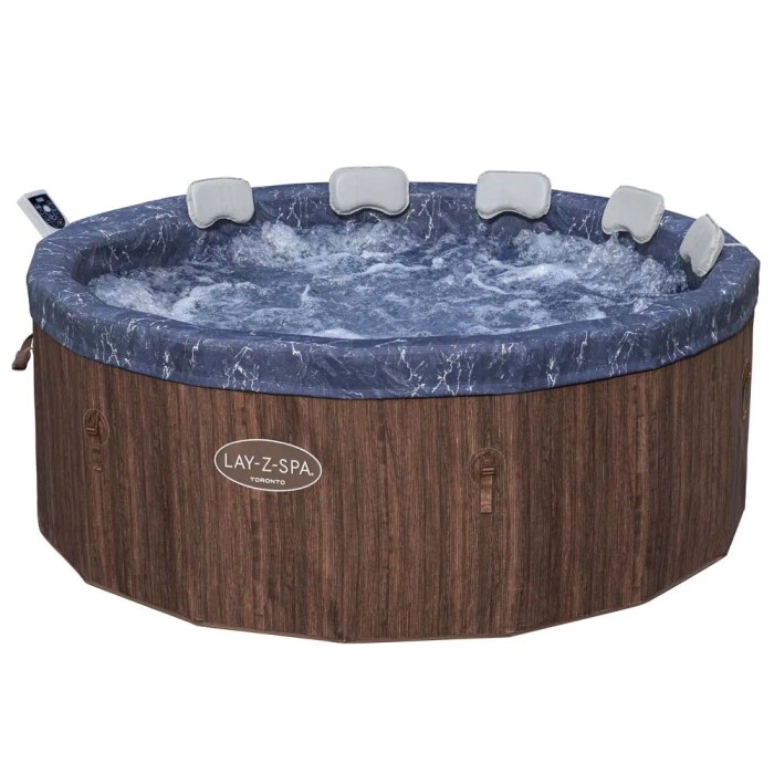 Vasca idromassaggio rotonda Lay-Z-Spa Toronto con interno blu marmorizzato e pannelli effetto legno.