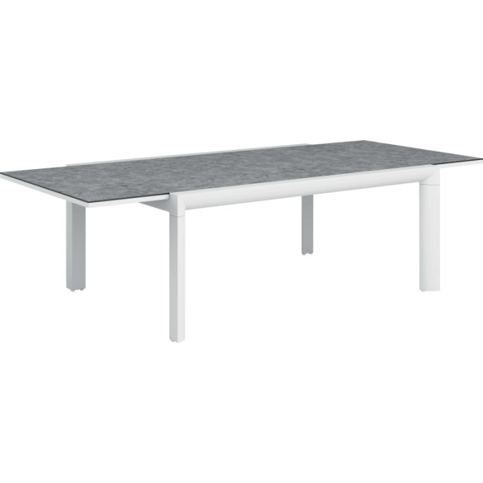 Tavolo da giardino moderno t.b.t. con piano grigio e struttura bianca.