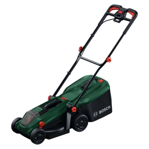 Tagliaerba a batteria Bosch Rotak18V-32 verde/nero con cesto raccolta e dettagli arancioni. Ideale per piccoli prati.