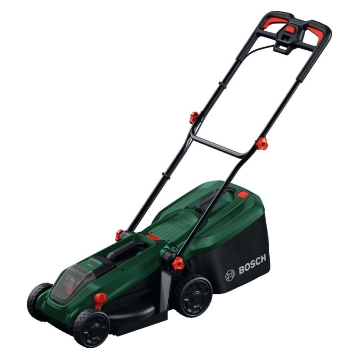 Tagliaerba a batteria Bosch Rotak18V-32 verde/nero con cesto raccolta e dettagli arancioni. Ideale per piccoli prati.