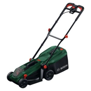 Tagliaerba a batteria Bosch Rotak18V-32 verde-nero con cesto raccoglierba e dettagli arancioni per il prato.