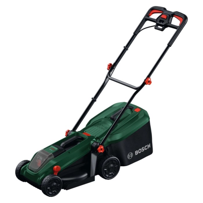 Tagliaerba a batteria Bosch Rotak18V-32 verde-nero con cesto raccoglierba e dettagli arancioni per il prato.