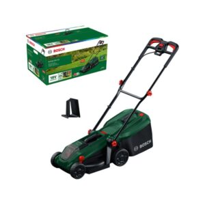 Tagliaerba a batteria Bosch Rotak 18V-32 Solo con cesto di raccolta e confezione.