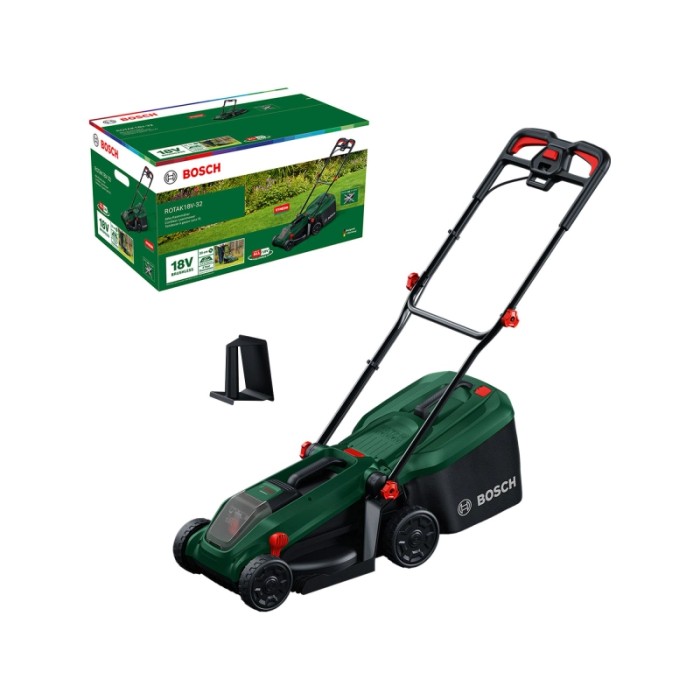 Tagliaerba a batteria Bosch Rotak 18V-32 Solo con cesto di raccolta e confezione.