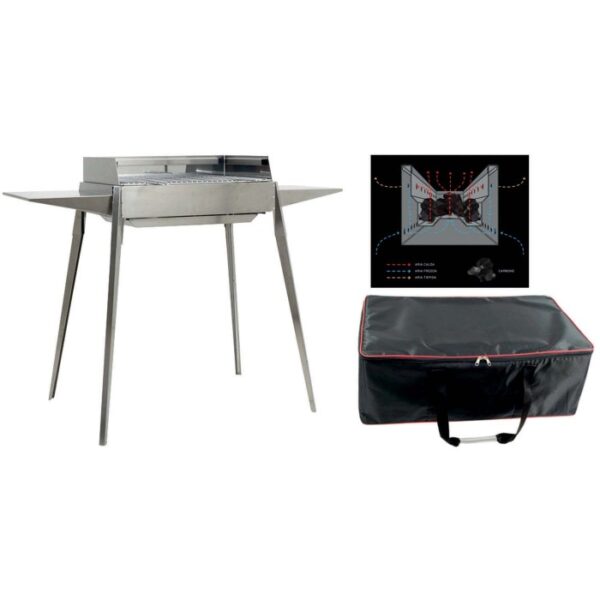 Barbecue a carbonella t.b.t. in acciaio inox con borsa per il trasporto e schema.