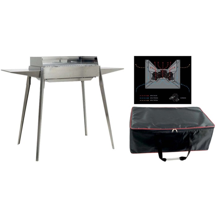 Barbecue a carbonella t.b.t. in acciaio inox con borsa per il trasporto e schema.